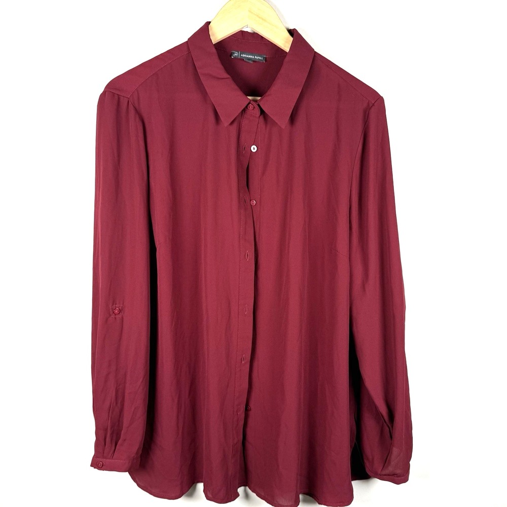 Adrianna Papell Women's Long Sleeve Button Down Blouse Burgundy Semi Sheer Sz XL